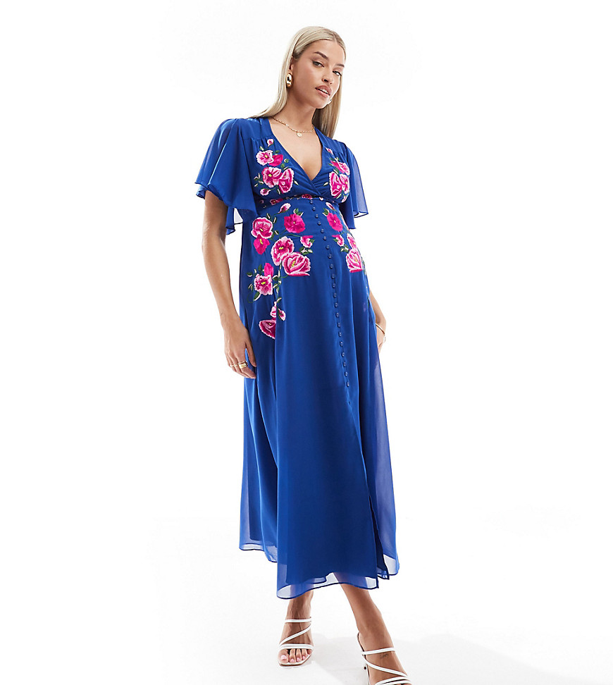 Hope & Ivy Maternity Embroidered Midi Dress With Floaty Sleeves In Blue