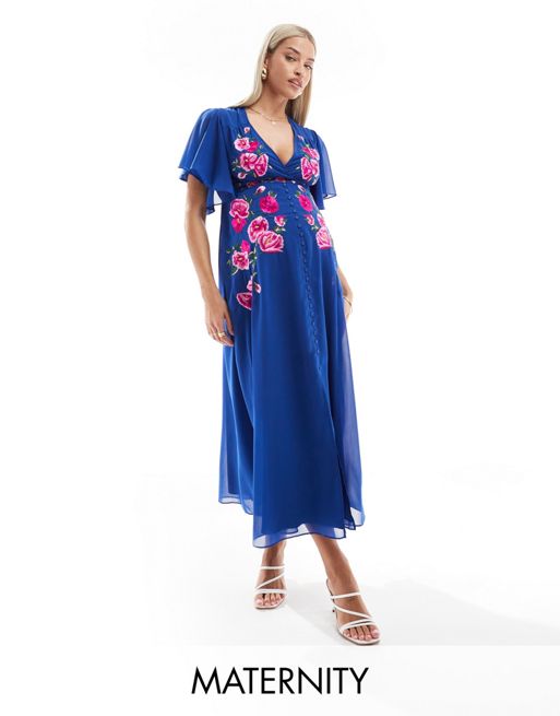 Hope & Ivy Maternity embroidered midi dress with floaty sleeves in blue