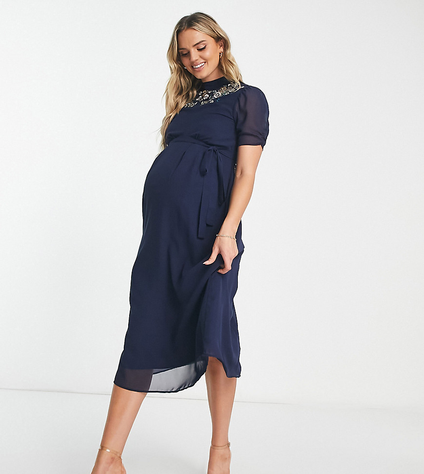Hope & Ivy Maternity embroidered open back midi dress in navy-Blue