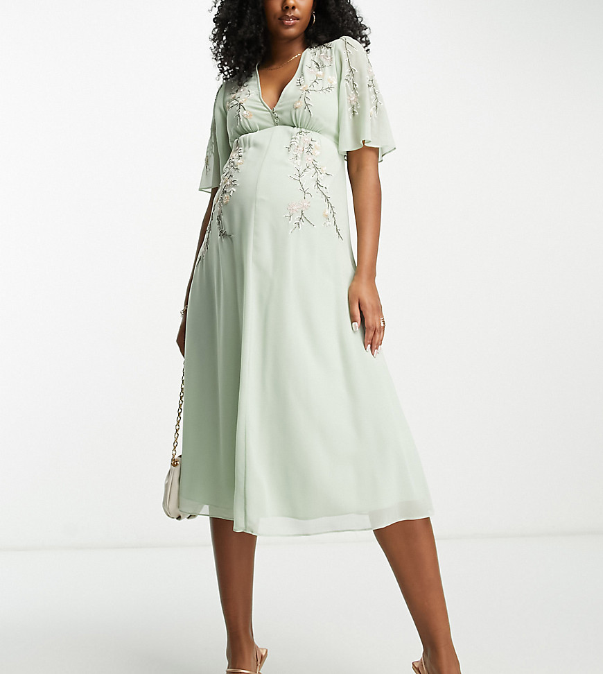 Hope & Ivy Maternity embroidered plunge flutter sleeve midi dress in sage-Green