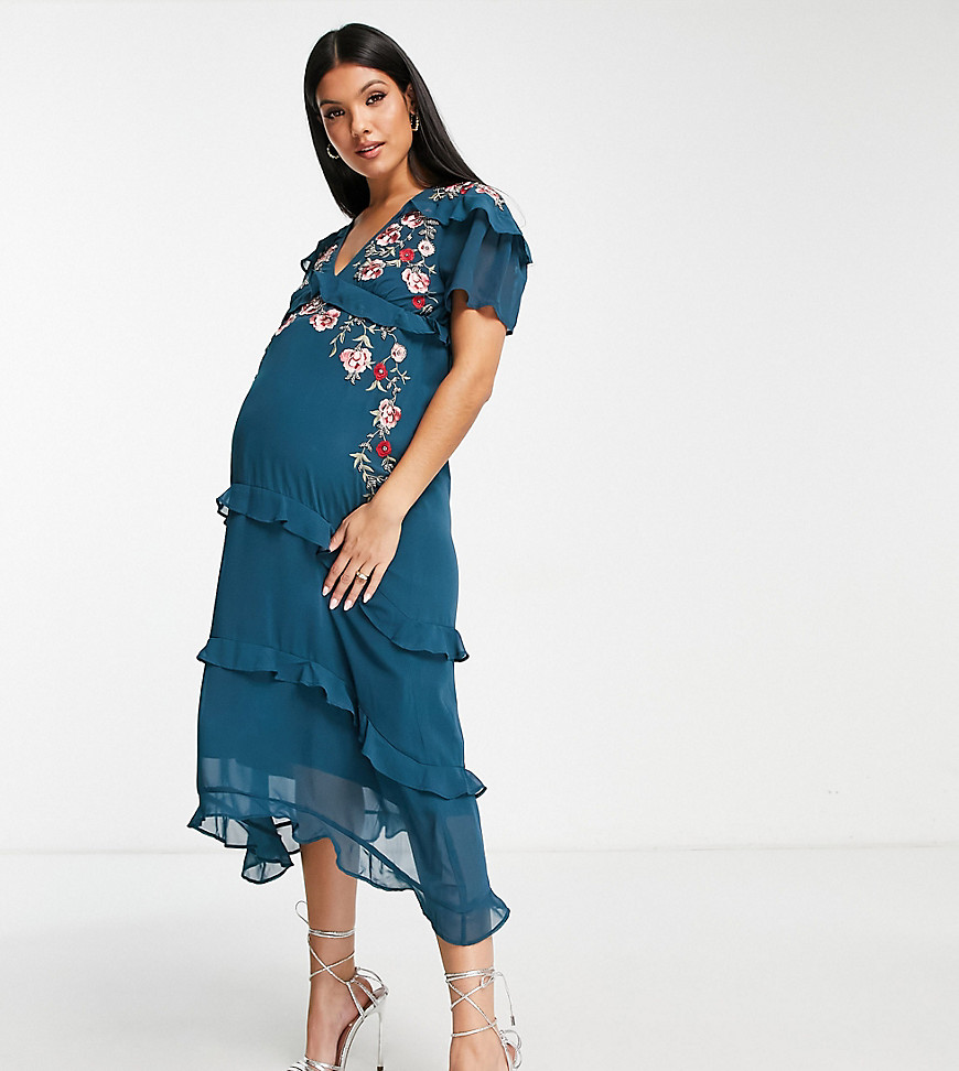 Hope & Ivy Maternity embroidered ruffle midi dress in emerald-Green