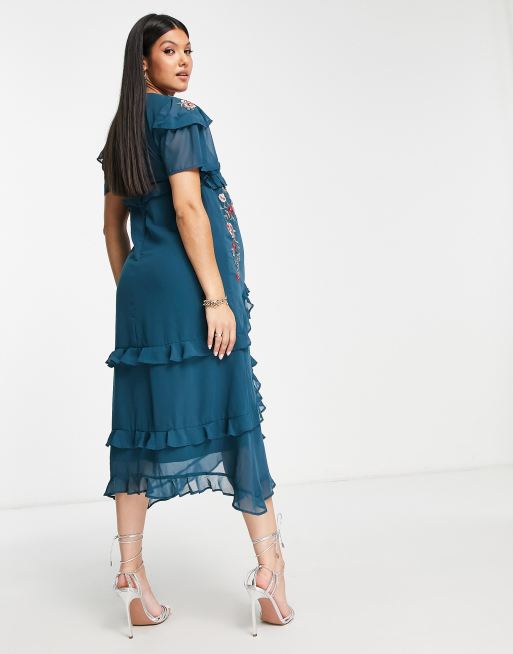 Embroidered ruffle shop sleeve midi dress