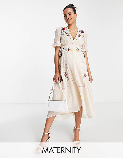 Hope & Ivy Maternity embroidered tea midaxi dress in cream floral