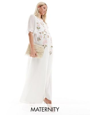 Hope & Ivy Maternity embroidered wrap maxi dress in ivory