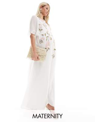 Hope & Ivy Maternity embroidered wrap maxi dress in ivory-White