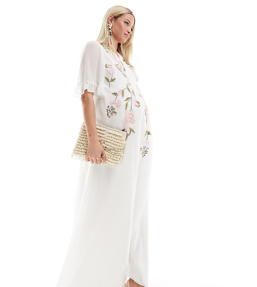 Hope & Ivy Maternity embroidered wrap maxi dress in ivory-White