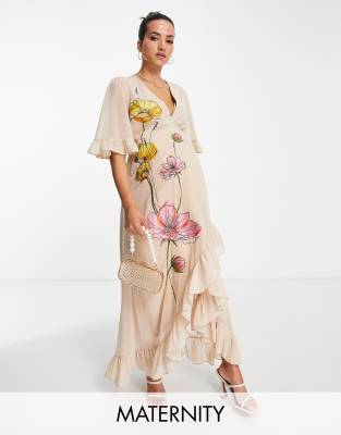 Hope & Ivy Maternity Embroidered Wrap Maxi Dress In Peach Floral-pink