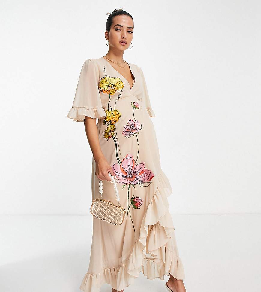 Hope & Ivy Maternity embroidered wrap maxi dress in peach floral-Pink
