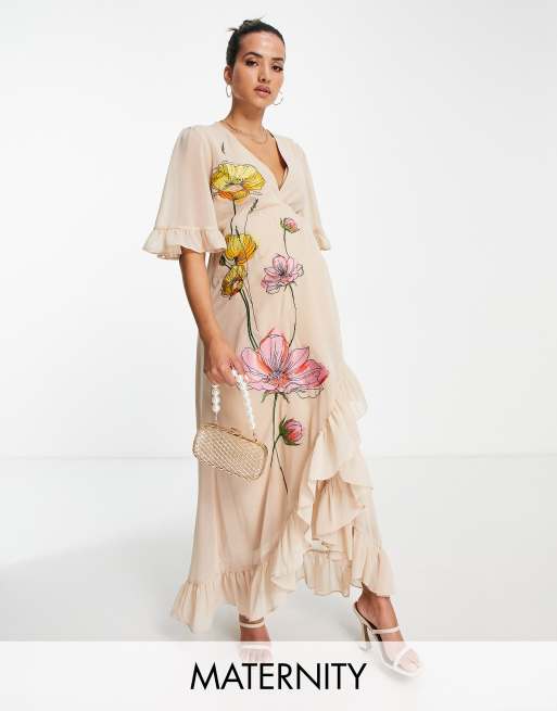 ASOS DESIGN Maternity high neck maxi dress with tie waist detail and  stencil floral embroidery