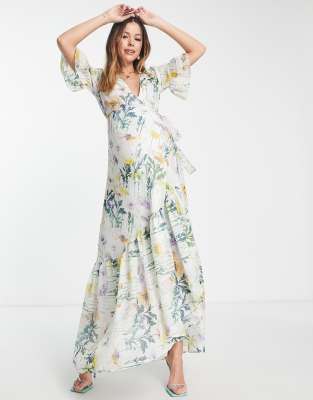 Flora - Vestito lungo avvolgente a fiori misti-Giallo - Hope&Ivy Maternity  donna Giallo - immagine3
