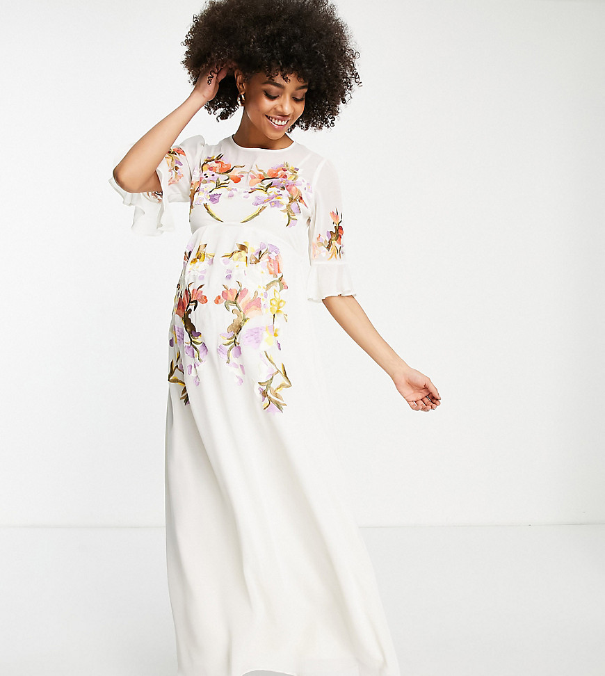hope & ivy maternity fluted sleeve embroidered maxi dress in ivory-white