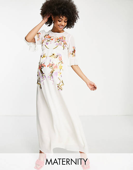 Hope & Ivy Maternity fluted sleeve embroidered maxi dress in ivory