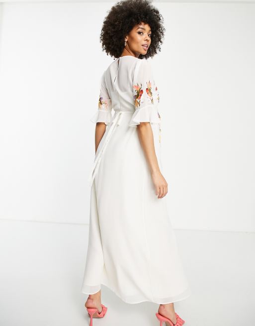 Hope & Ivy Maternity fluted sleeve embroidered maxi dress in ivory | ASOS