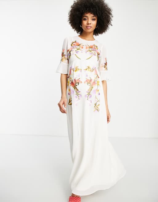 Hope & Ivy Maternity fluted sleeve embroidered maxi dress in ivory, 4 of 4