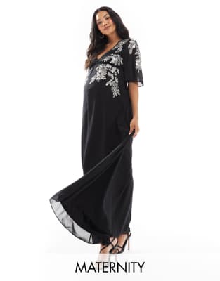 flutter sleeve embellished maxi dress in black