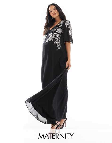 Hope & Ivy Maternity flutter sleeve embellished maxi dress in black