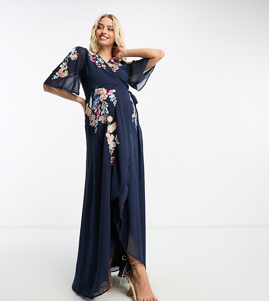 Hope & Ivy Maternity flutter sleeve embroidered wrap maxi dress in navy floral-Purple