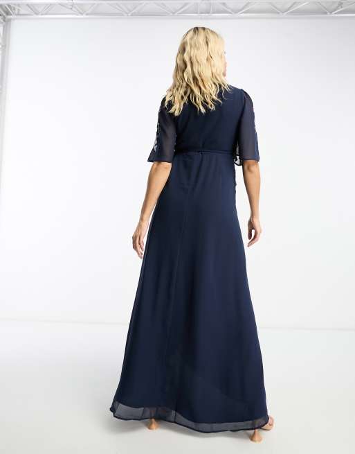 Hope Ivy Maternity flutter sleeve embroidered wrap maxi dress in navy floral ASOS