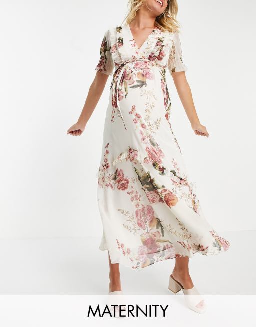 Hope & Ivy Maternity flutter sleeve maxi dress in ivory oversized rose print