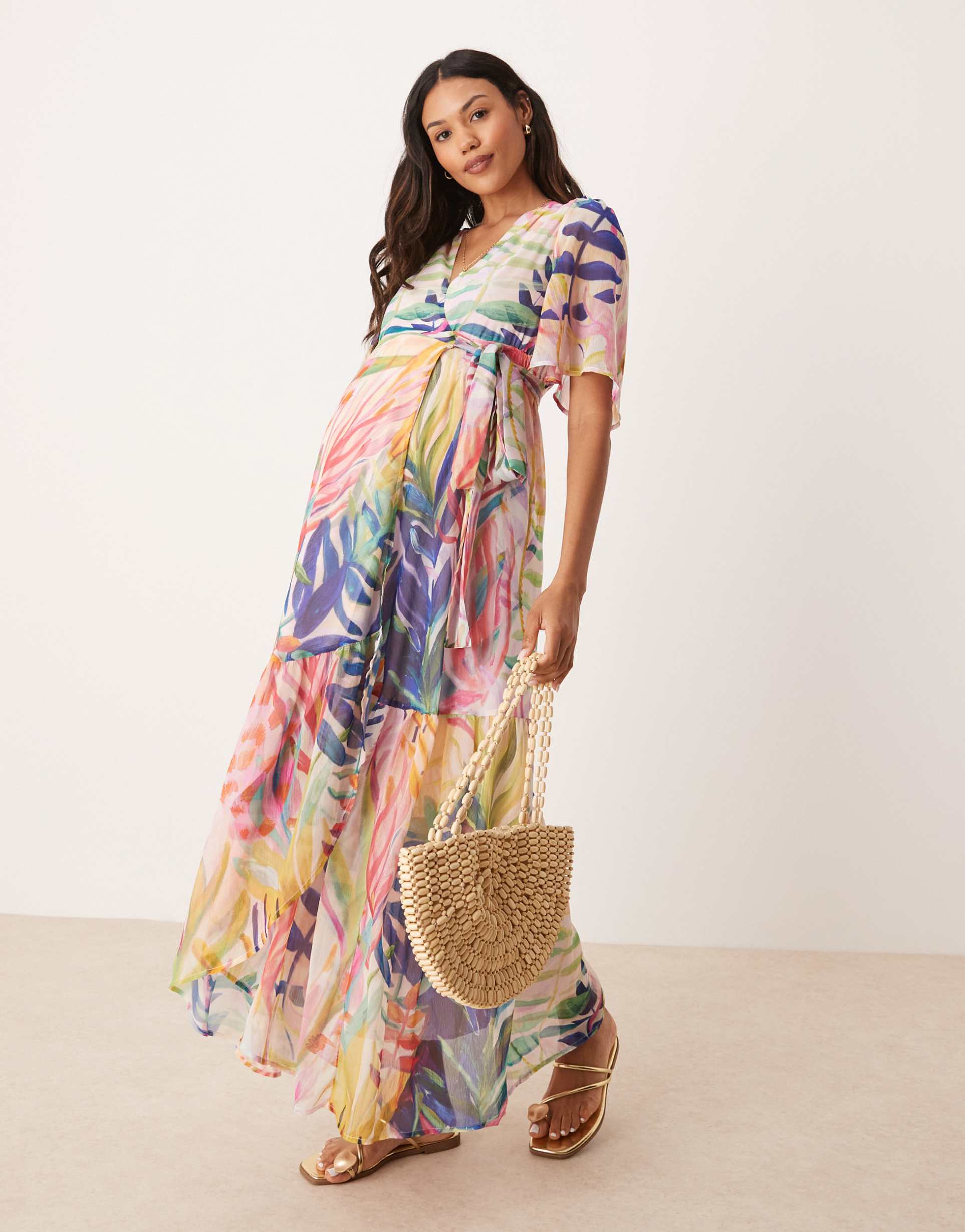 hope & ivy maternity flutter sleeve maxi wrap dress in multi sea life print