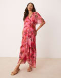 [Hope & Ivy Maternity] Hope & Ivy Maternity flutter sleeve maxi wrap dress in pink floral 6 Pink