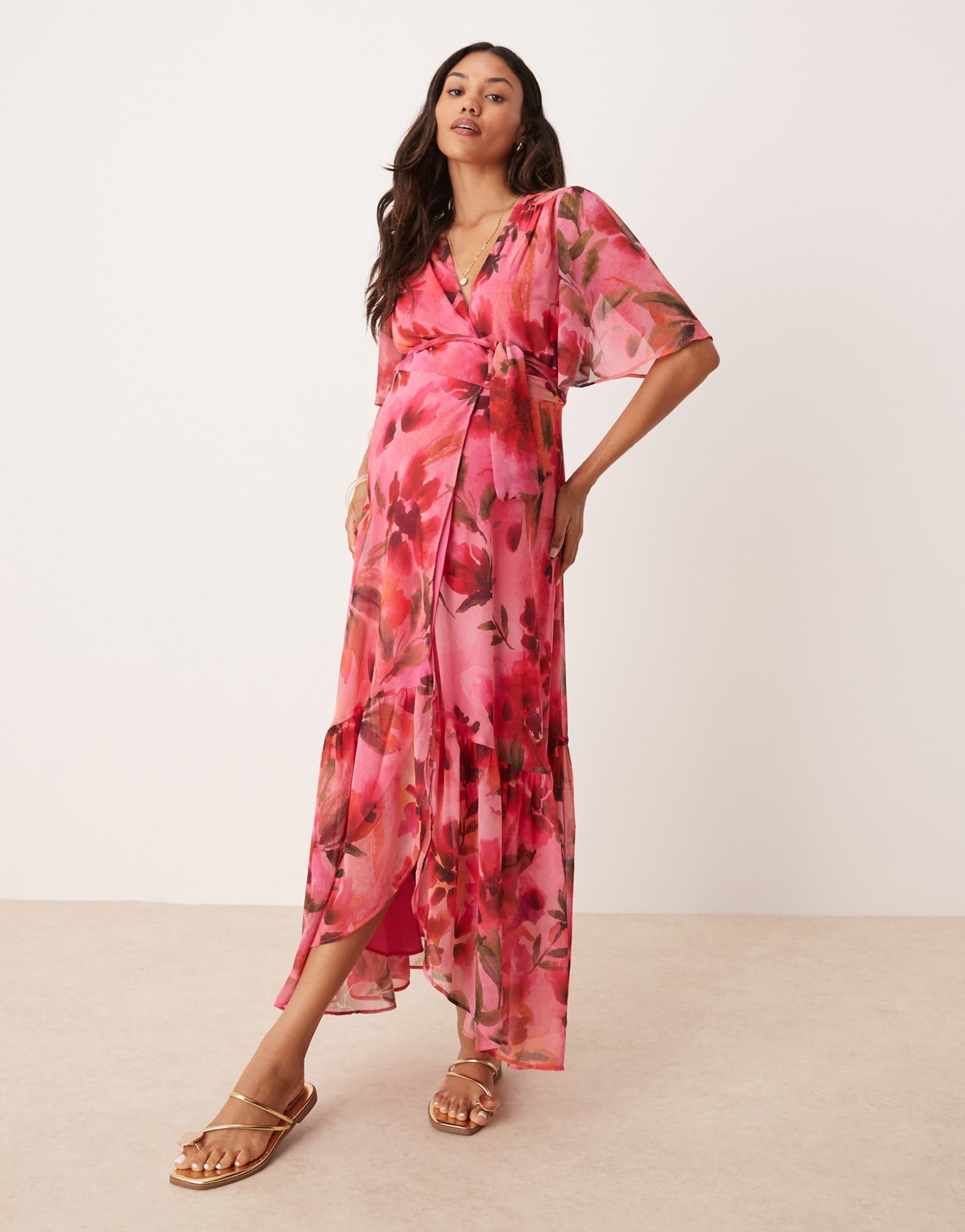 hope & ivy maternity flutter sleeve maxi wrap dress in pink floral