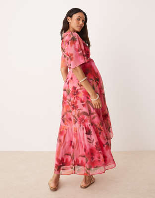 Hope & Ivy Maternity Flutter Sleeve Maxi Wrap Dress In Pink
