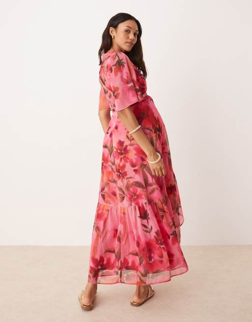Hope Ivy Maternity flutter sleeve maxi wrap dress in pink floral