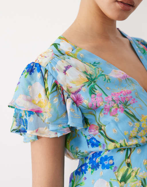 Hope & Ivy Maternity flutter sleeve maxi wrap dress with tie waist in blue floral print, 2 of 4