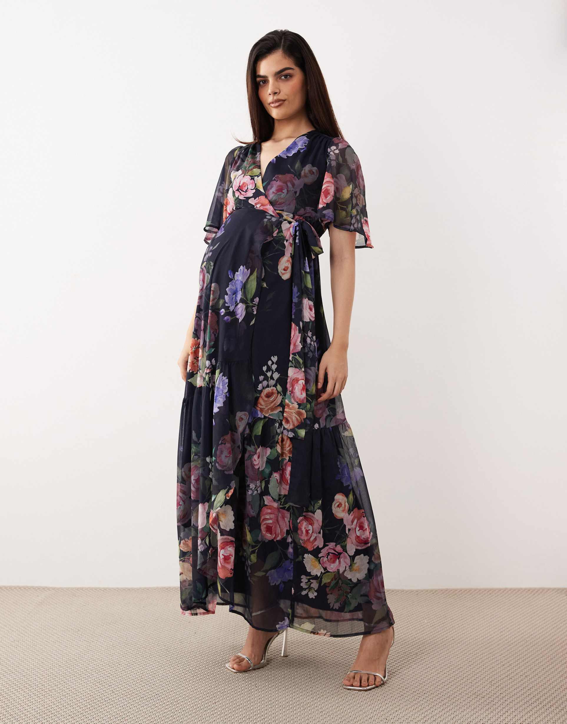 hope & ivy maternity flutter sleeve maxi wrap dress with tie waist in navy floral