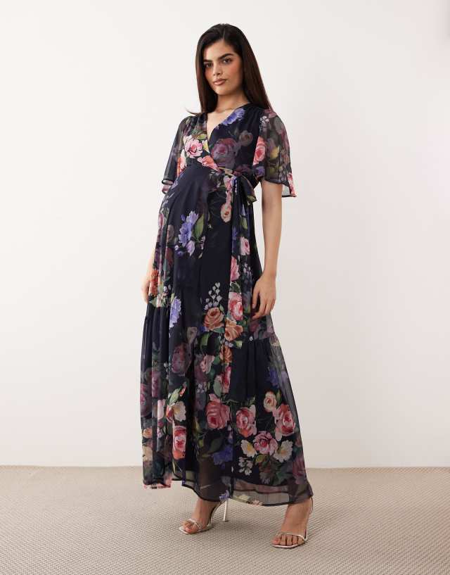 blue floral maternity dress Hope & Ivy flutter sleeve maxi wrap with tie waist in navy pregnancy dress ideas Black Crochet Maxi Dress remove_feed White flower blossom print Color:M-Watermelon