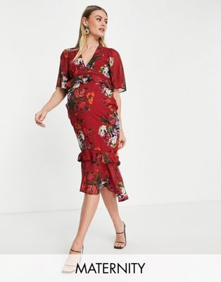 Hope & Ivy Maternity flutter sleeve midi tea dress in mixed floral - ASOS Price Checker