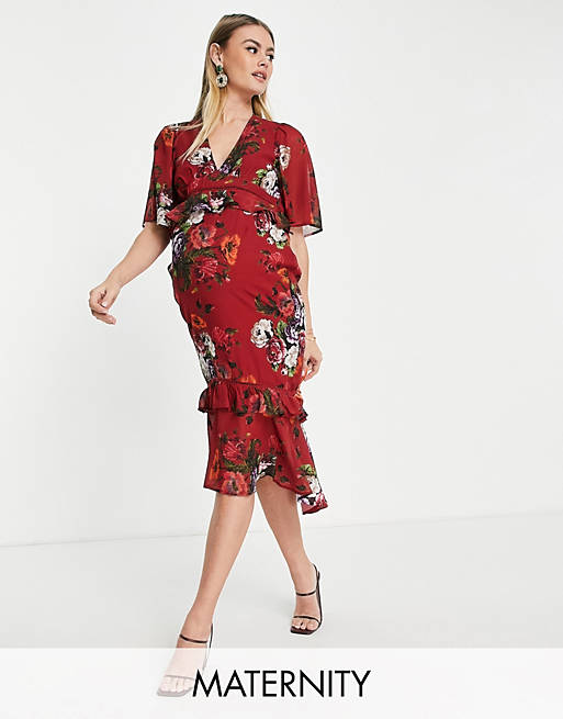 Dresses Hope & Ivy Maternity flutter sleeve midi tea dress in mixed floral 