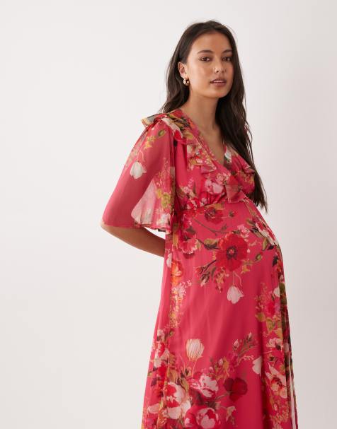 chinese dress ladies Momyknows Pink Tulle Ruffle Swing V-Neck Slit Photoshoot Plus Size Gown Maternity Maxi Dress Pink / 2XL