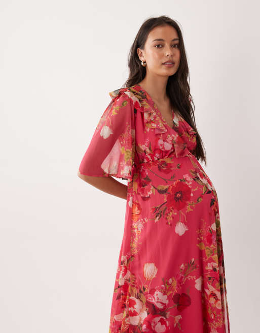 Hope & Ivy Maternity flutter sleeve wrap detail maxi dress in pink floral print, 2 of 4