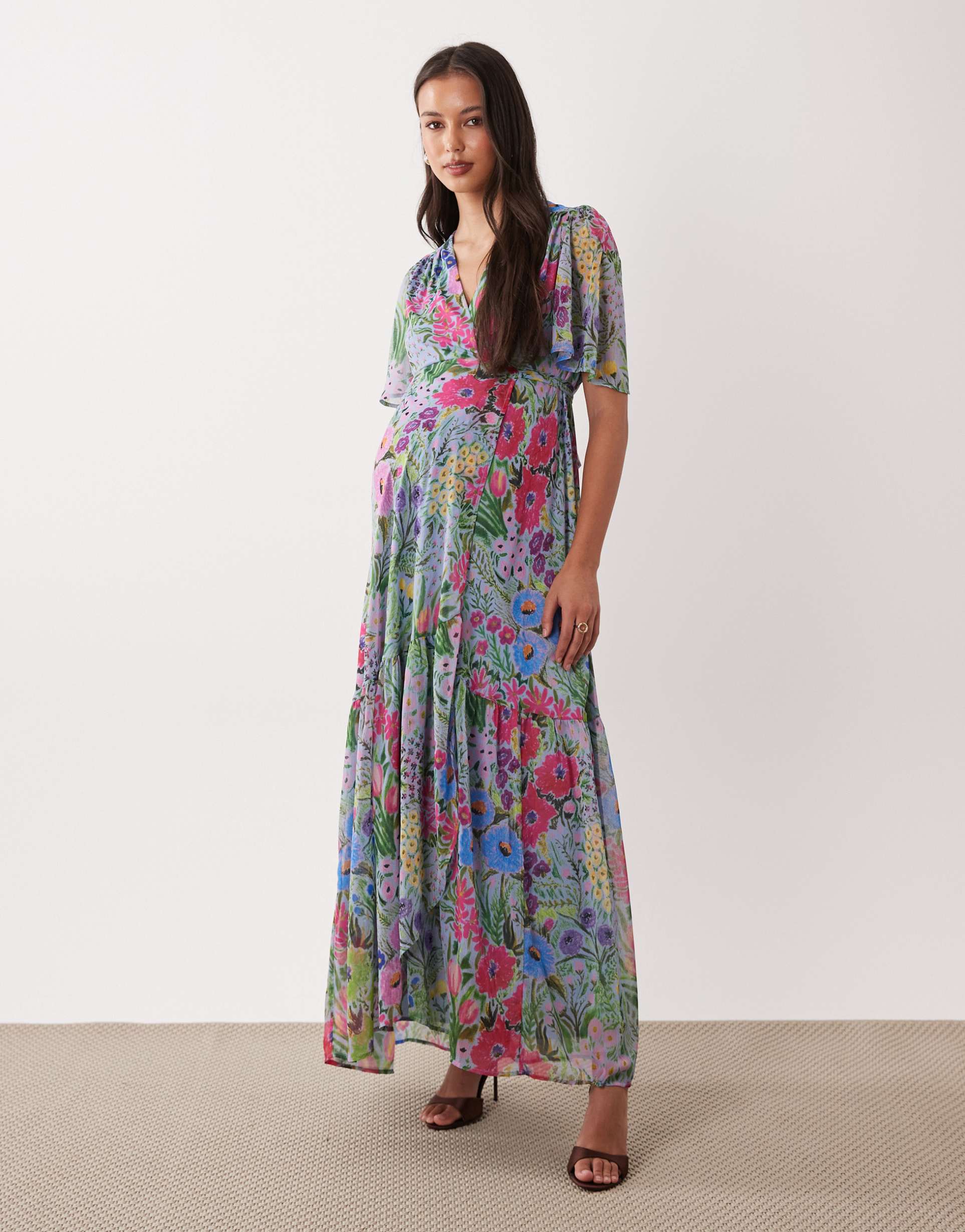 hope & ivy maternity flutter sleeve wrap dress tie detail maxi dress in lilac floral print