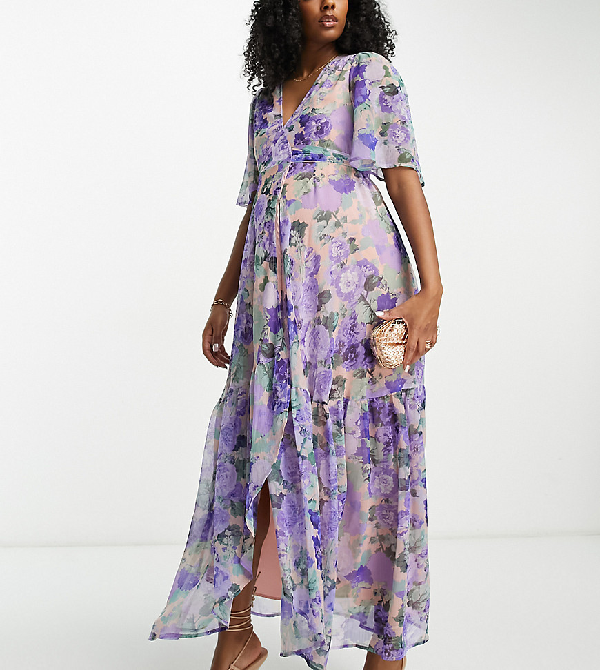 Hope & Ivy Maternity flutter sleeve wrap maxi dress in blue floral