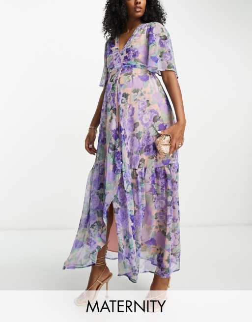 Hope Ivy Maternity flutter sleeve wrap maxi dress in blue floral