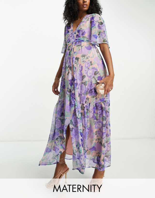 Hope & Ivy Maternity flutter sleeve wrap maxi dress in blue floral