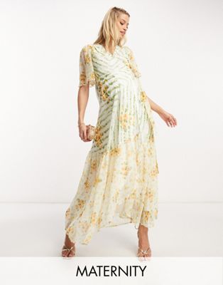 Hope & Ivy Maternity flutter sleeve wrap maxi dress in contrast green floral
