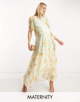 Hope & Ivy Maternity Hope & Ivy Maternity flutter sleeve wrap maxi dress in contrast green floral-Multi