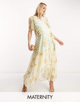 Hope & Ivy Maternity Flutter Sleeve Wrap Maxi Dress In Contrast Green Floral-multi