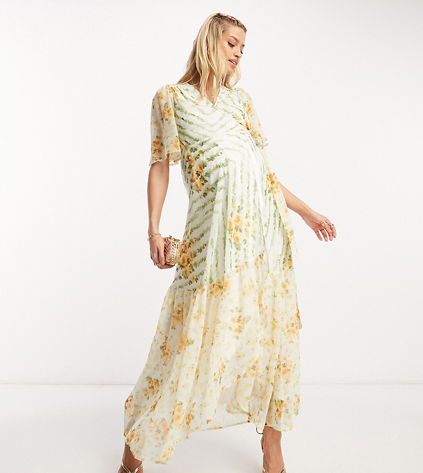 Hope & Ivy Maternity flutter sleeve wrap maxi dress in contrast green floral-Multi