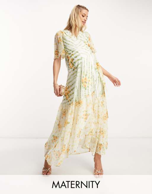 Hope & Ivy Maternity flutter sleeve wrap maxi dress in contrast