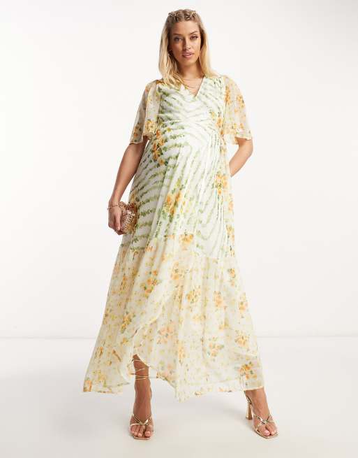 Hope & Ivy Maternity flutter sleeve wrap maxi dress in contrast