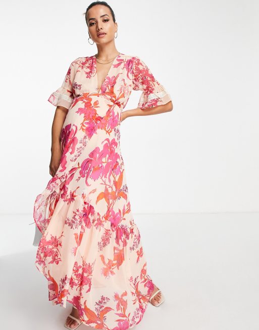 Hope & Ivy Maternity flutter sleeve wrap maxi dress in fuchsia floral