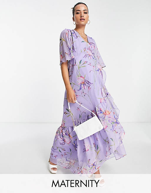 Hope & Ivy Maternity flutter sleeve wrap maxi dress in purple floral