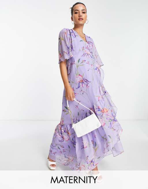 Hope Ivy Maternity flutter sleeve wrap maxi dress in purple floral