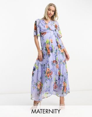 Hope & Ivy Maternity flutter sleeve wrap midaxi dress in lilac floral - ASOS Price Checker