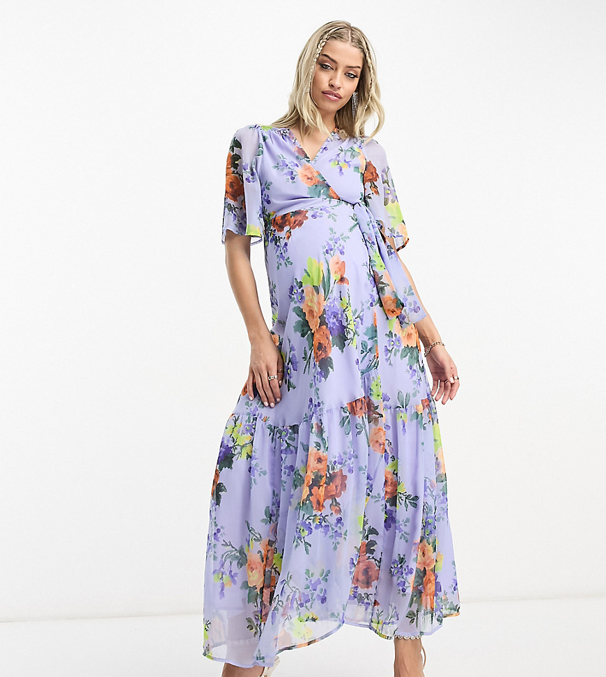 flutter sleeve wrap midaxi dress in lilac floral-Purple